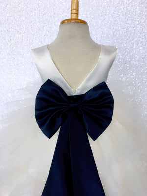 V-Back Ivory Satin Ruffle High Low Dress Navy Blue Sash Bow