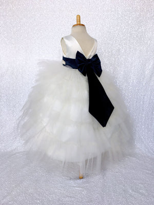 V-Back Ivory Satin Ruffle High Low Dress Navy Blue Sash Bow