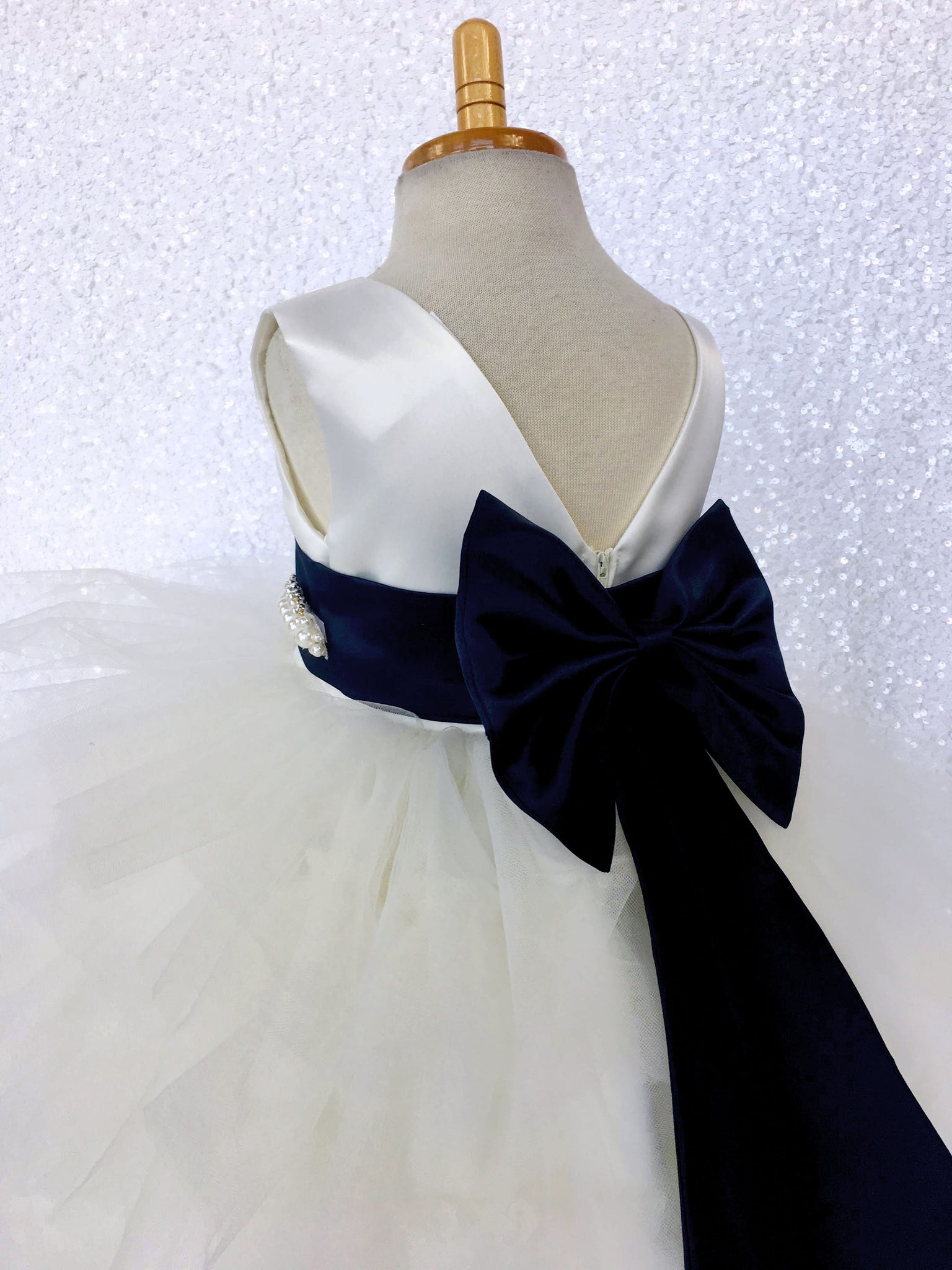 V-Back Ivory Satin Ruffle High Low Dress Navy Blue Sash Bow