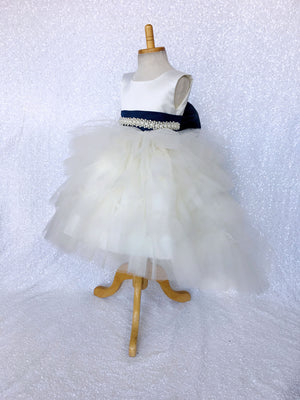 V-Back Ivory Satin Ruffle High Low Dress Navy Blue Sash Bow