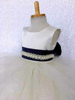 V-Back Ivory Satin Ruffle High Low Dress Navy Blue Sash Bow