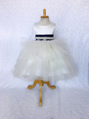 V-Back Ivory Satin Ruffle High Low Dress Navy Blue Sash Bow