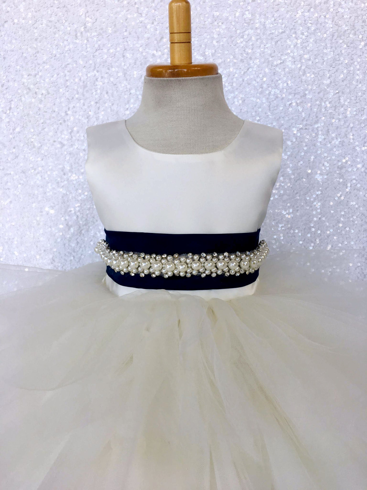 V-Back Ivory Satin Ruffle High Low Dress Navy Blue Sash Bow