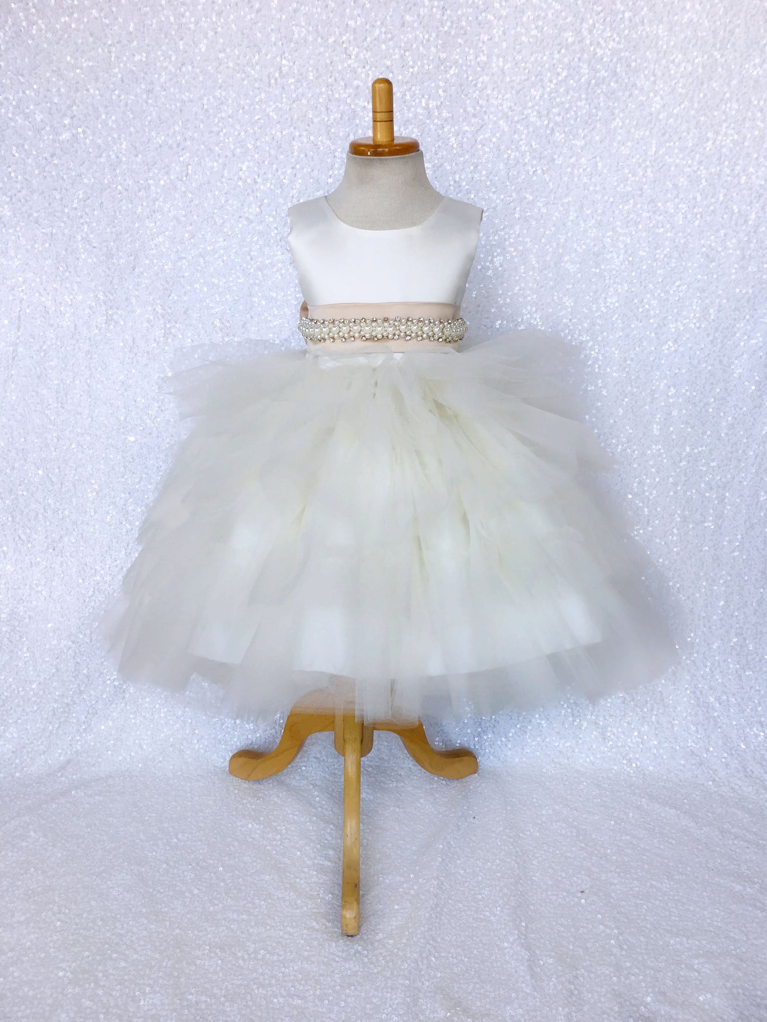 V-Back Ivory Satin Ruffle High Low Dress Champagne Sash Bow