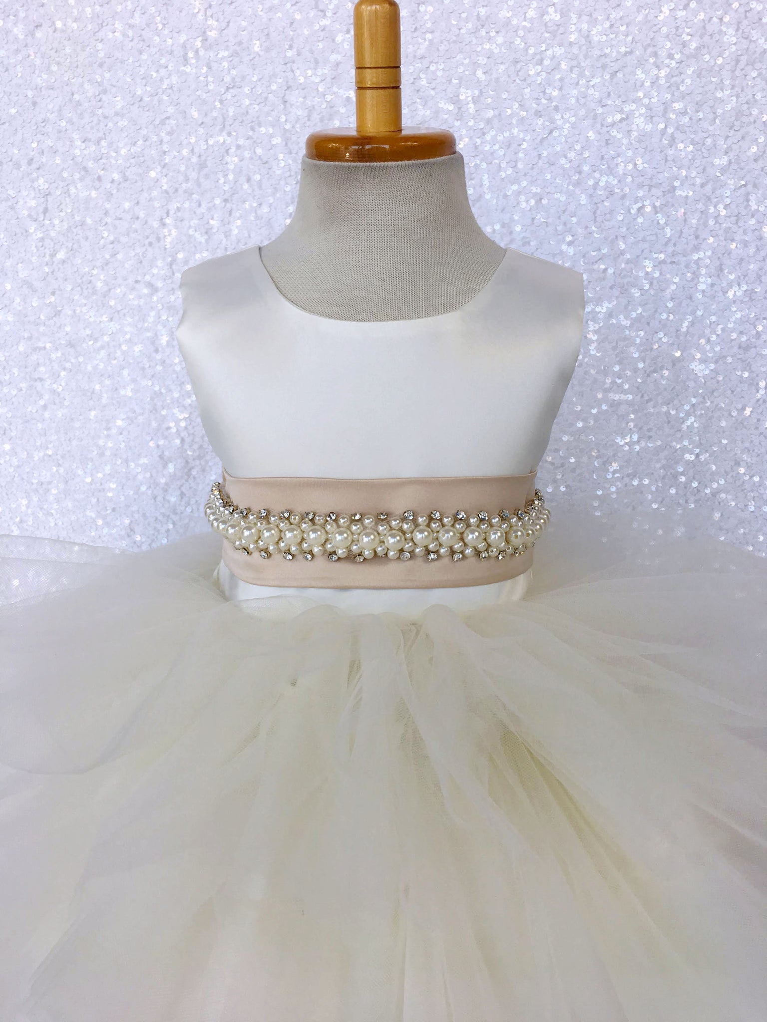 V-Back Ivory Satin Ruffle High Low Dress Champagne Sash Bow