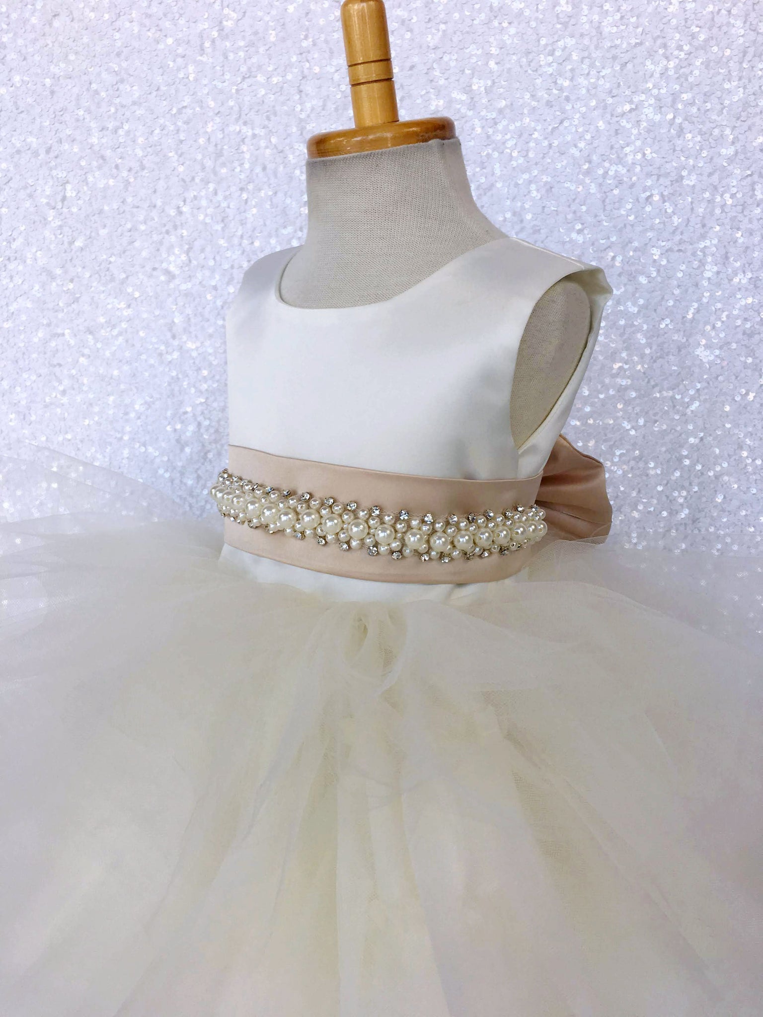 V-Back Ivory Satin Ruffle High Low Dress Champagne Sash Bow