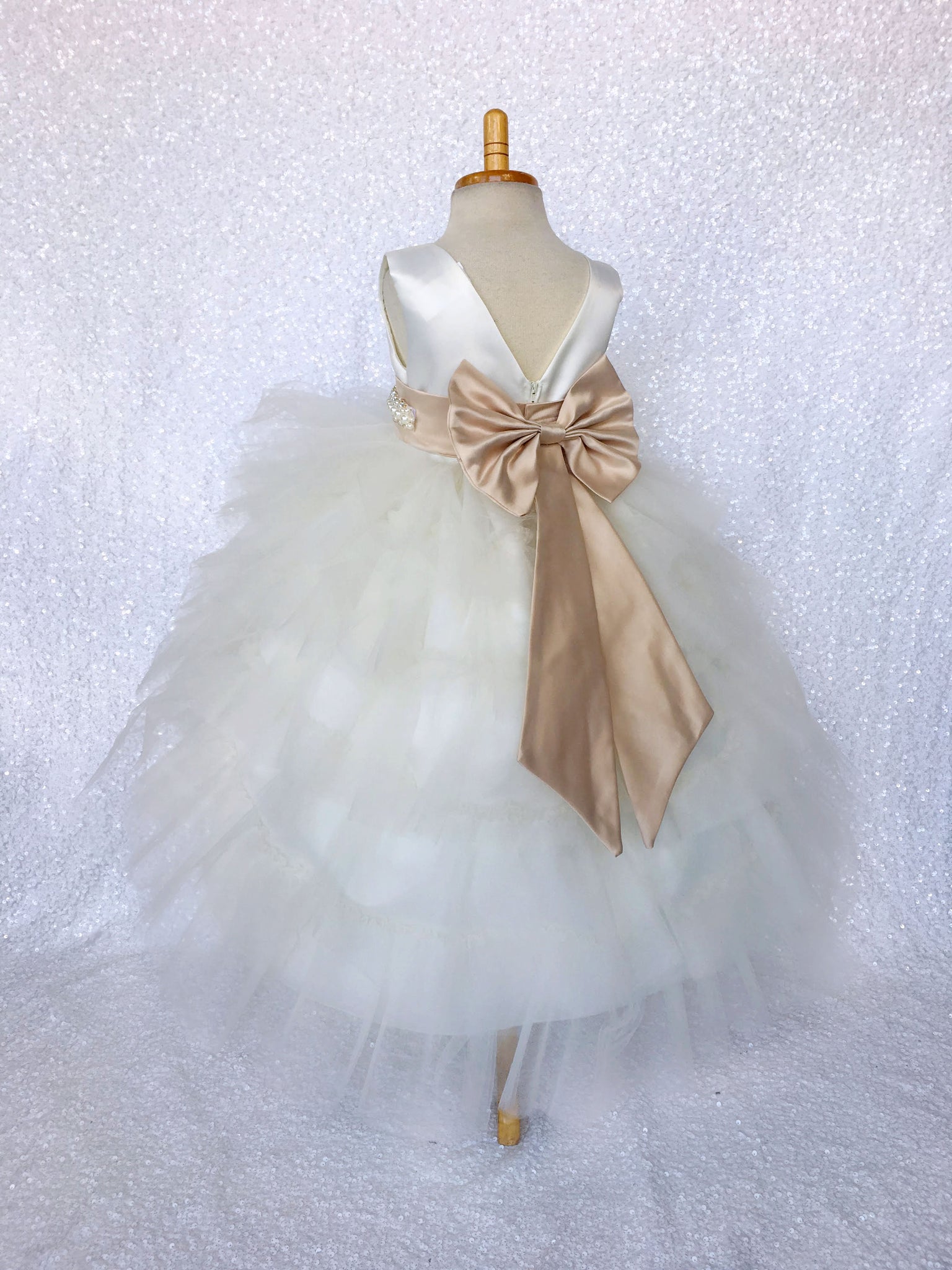 V-Back Ivory Satin Ruffle High Low Dress Champagne Sash Bow