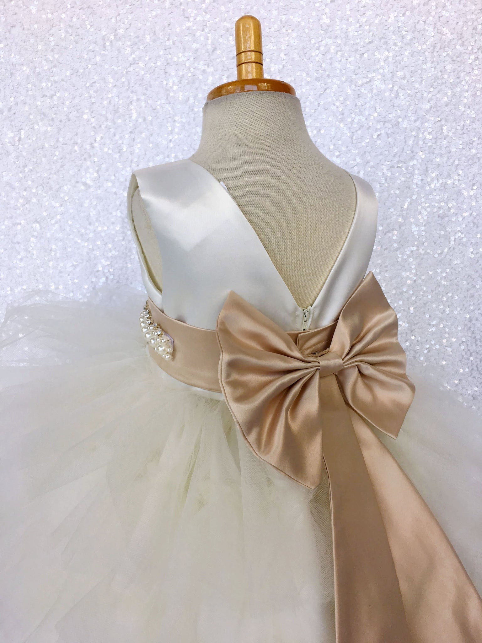 V-Back Ivory Satin Ruffle High Low Dress Champagne Sash Bow