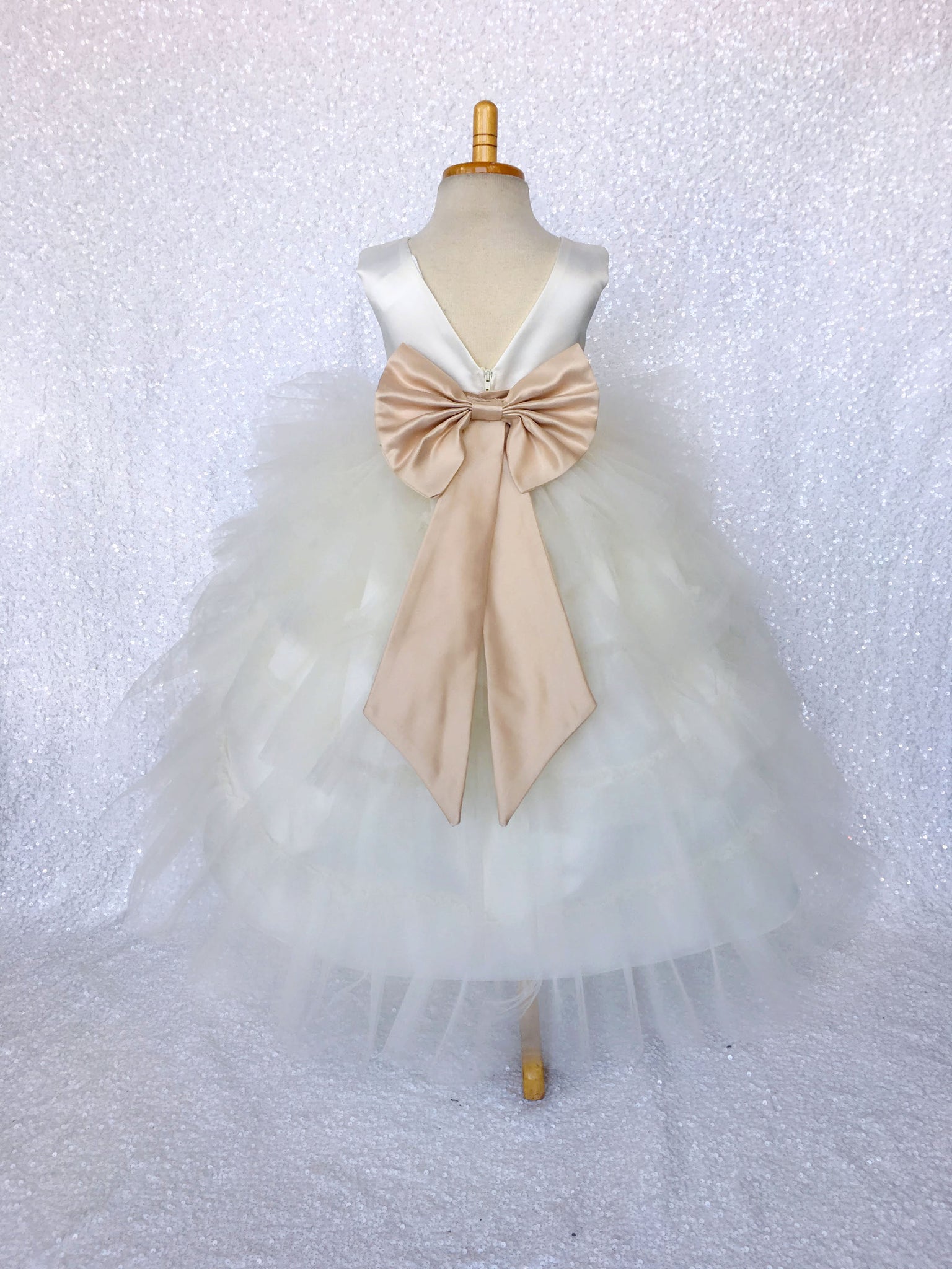 V-Back Ivory Satin Ruffle High Low Dress Champagne Sash Bow