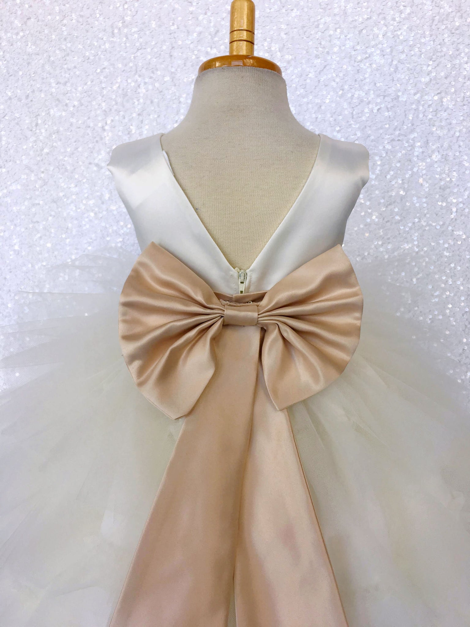 V-Back Ivory Satin Ruffle High Low Dress Champagne Sash Bow