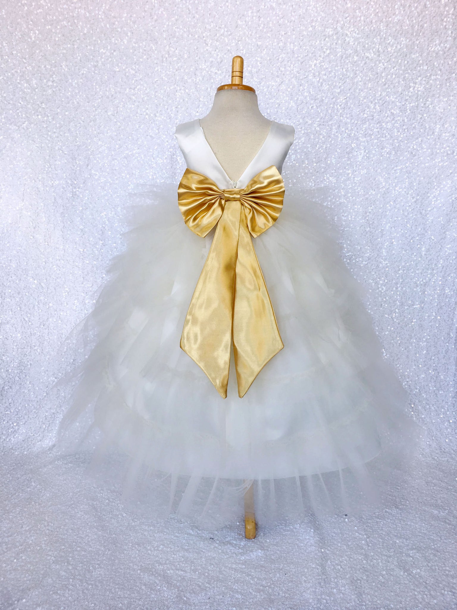 V-Back Ivory Satin Ruffle High Low Dress Gold Sash Bow