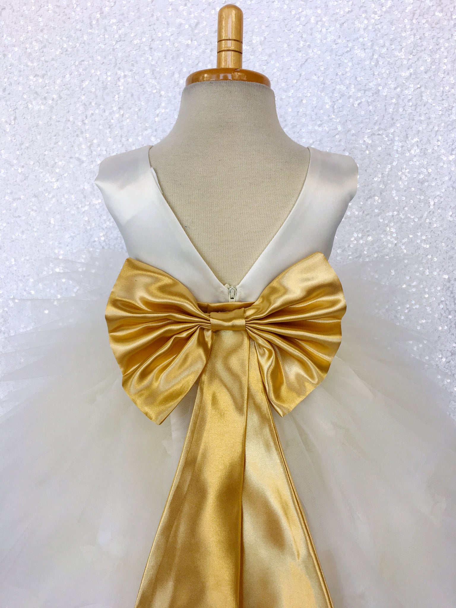 V-Back Ivory Satin Ruffle High Low Dress Gold Sash Bow