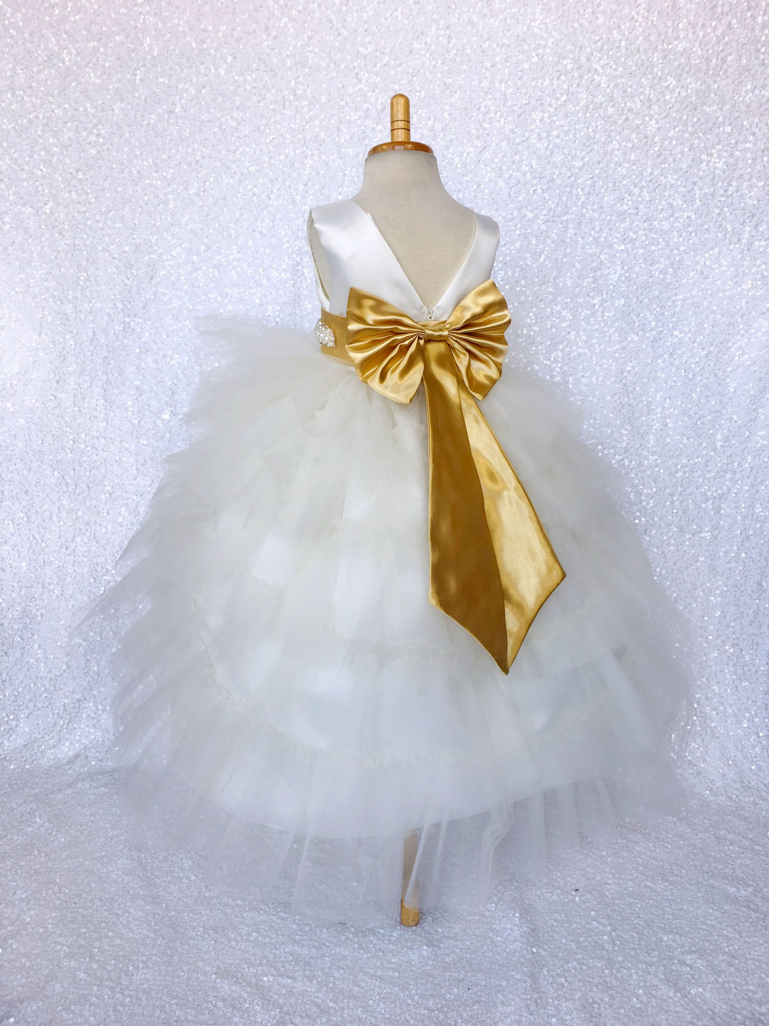 V-Back Ivory Satin Ruffle High Low Dress Gold Sash Bow