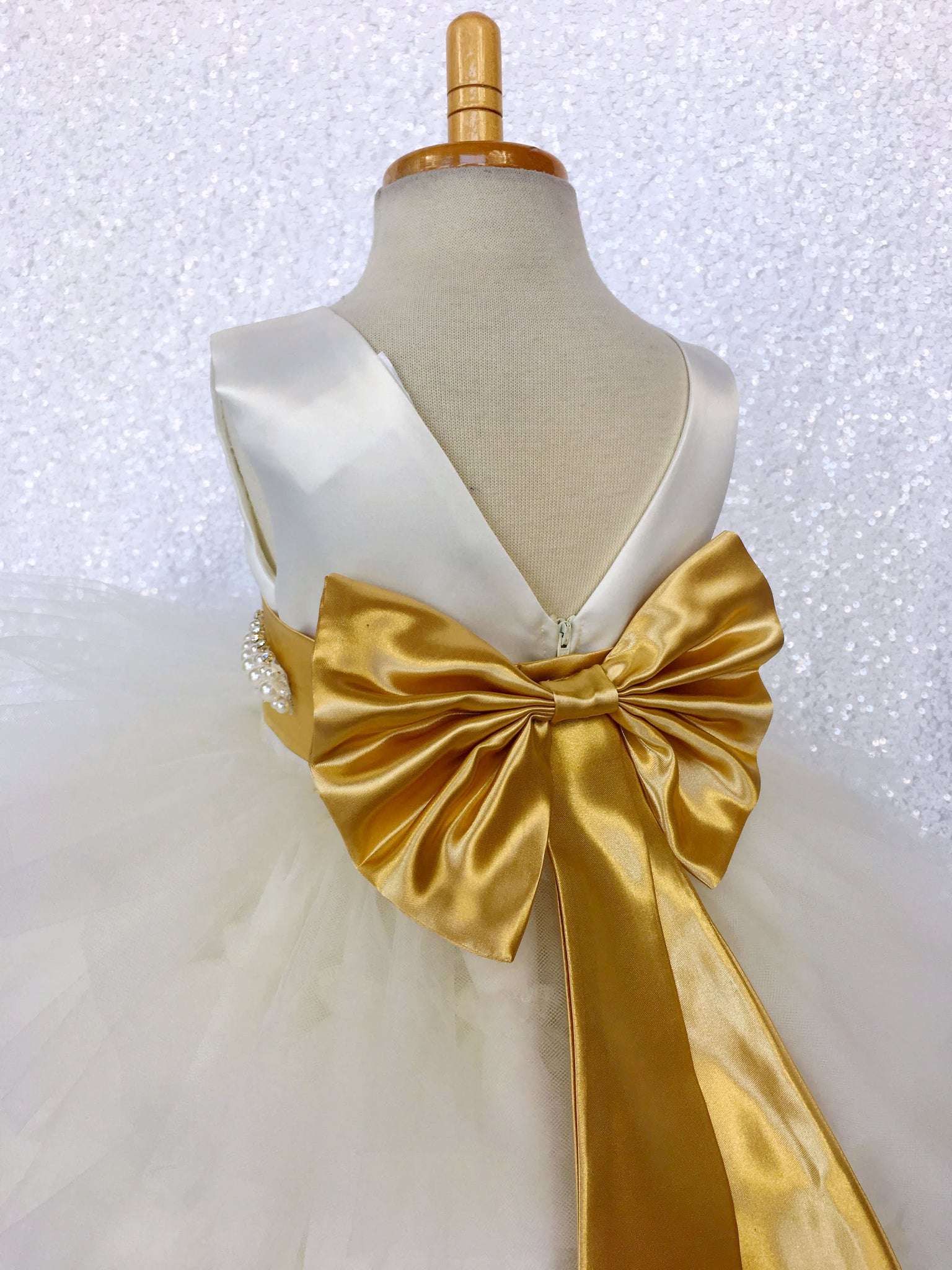 V-Back Ivory Satin Ruffle High Low Dress Gold Sash Bow