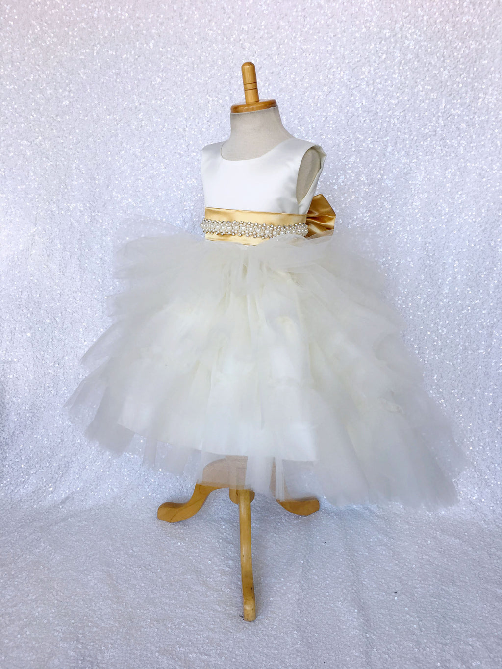 V-Back Ivory Satin Ruffle High Low Dress Gold Sash Bow