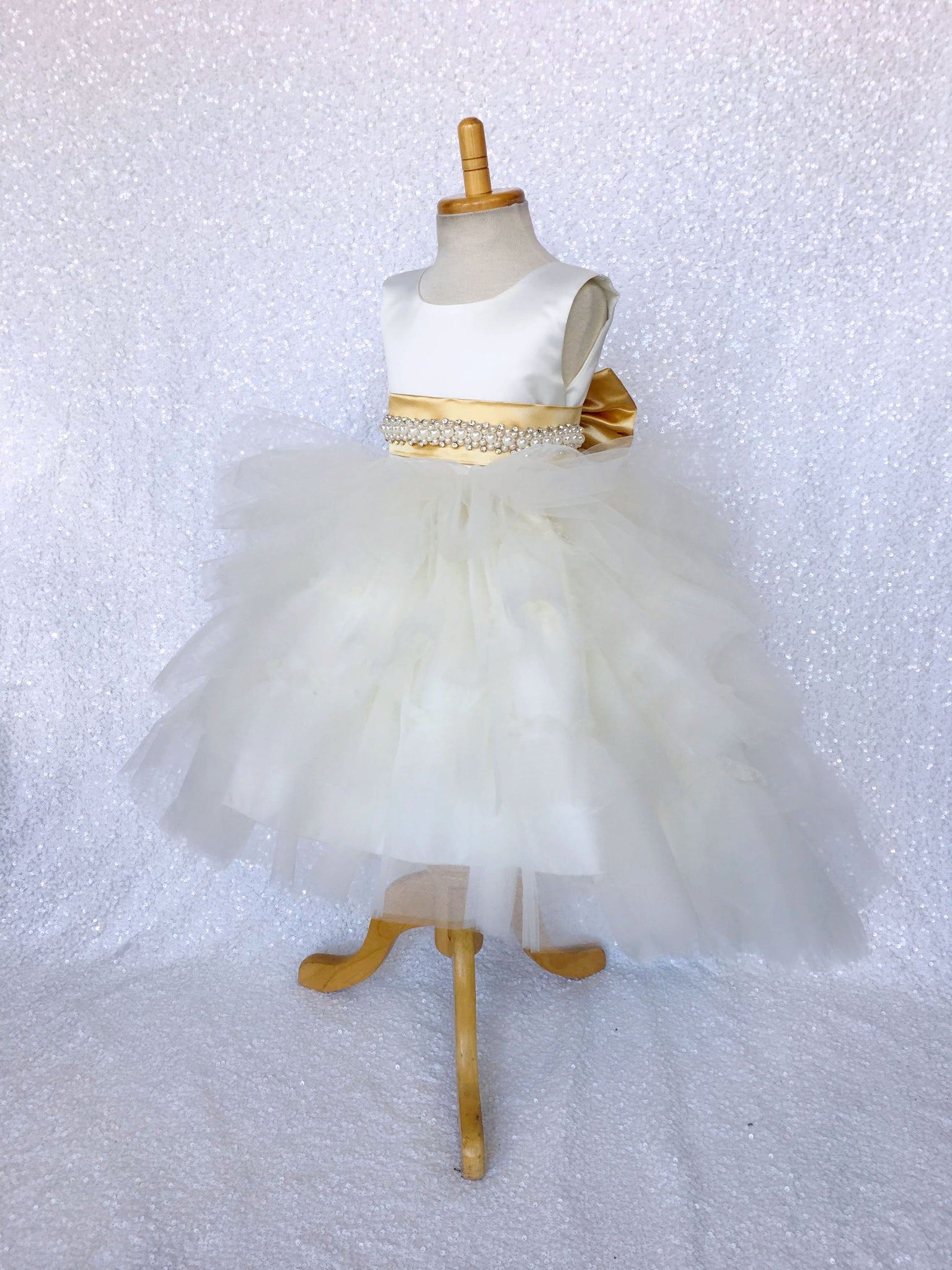 V-Back Ivory Satin Ruffle High Low Dress Gold Sash Bow