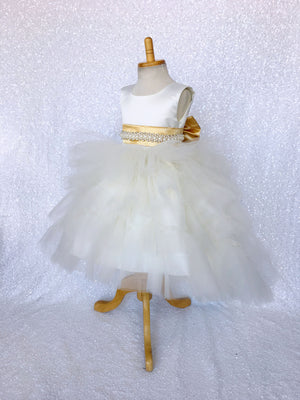 V-Back Ivory Satin Ruffle High Low Dress Gold Sash Bow