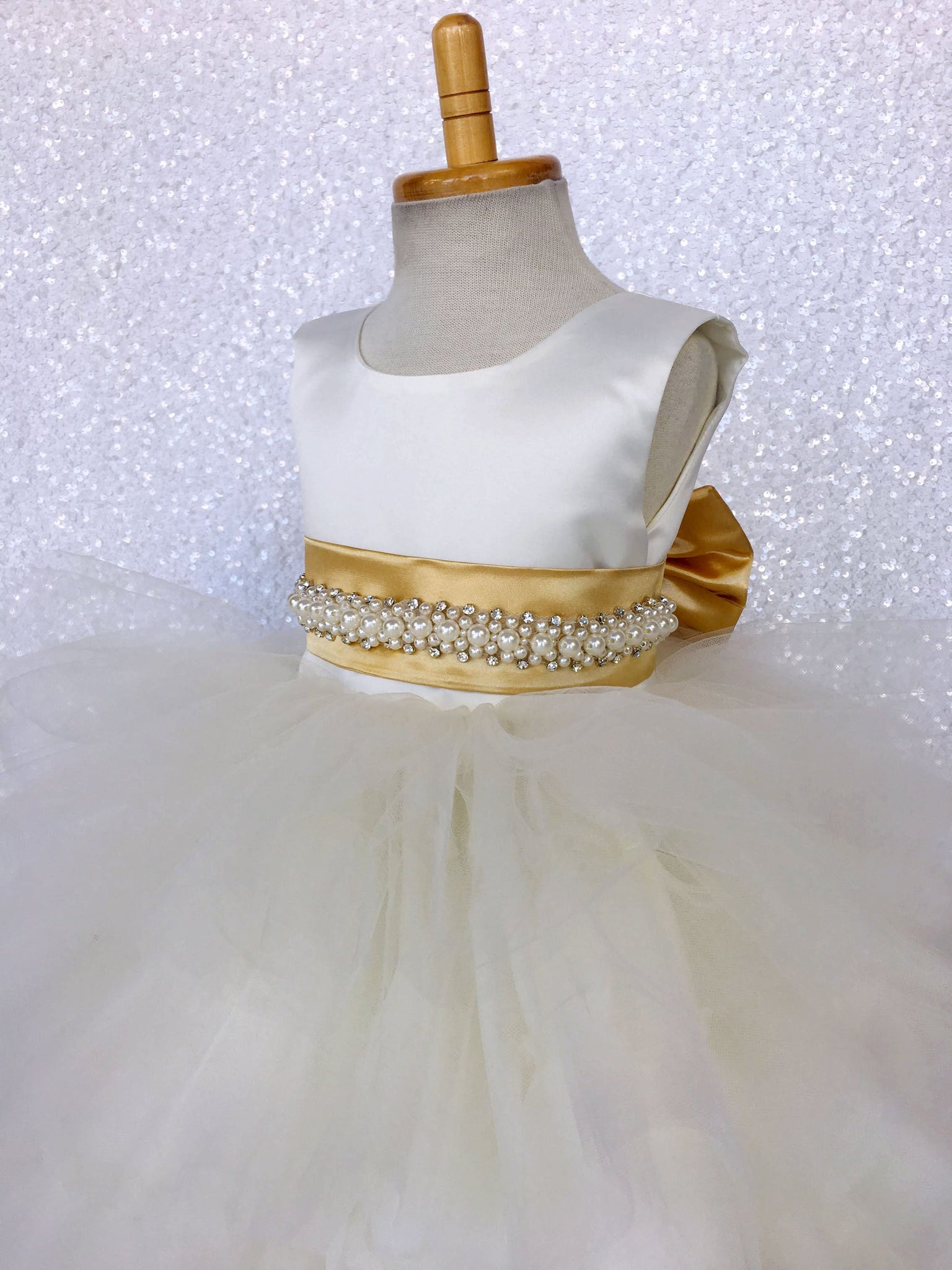 V-Back Ivory Satin Ruffle High Low Dress Champagne Sash Bow