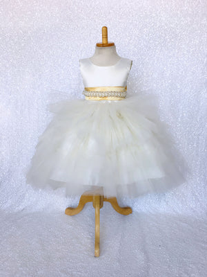 V-Back Ivory Satin Ruffle High Low Dress Gold Sash Bow