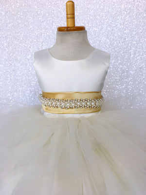 V-Back Ivory Satin Ruffle High Low Dress Gold Sash Bow