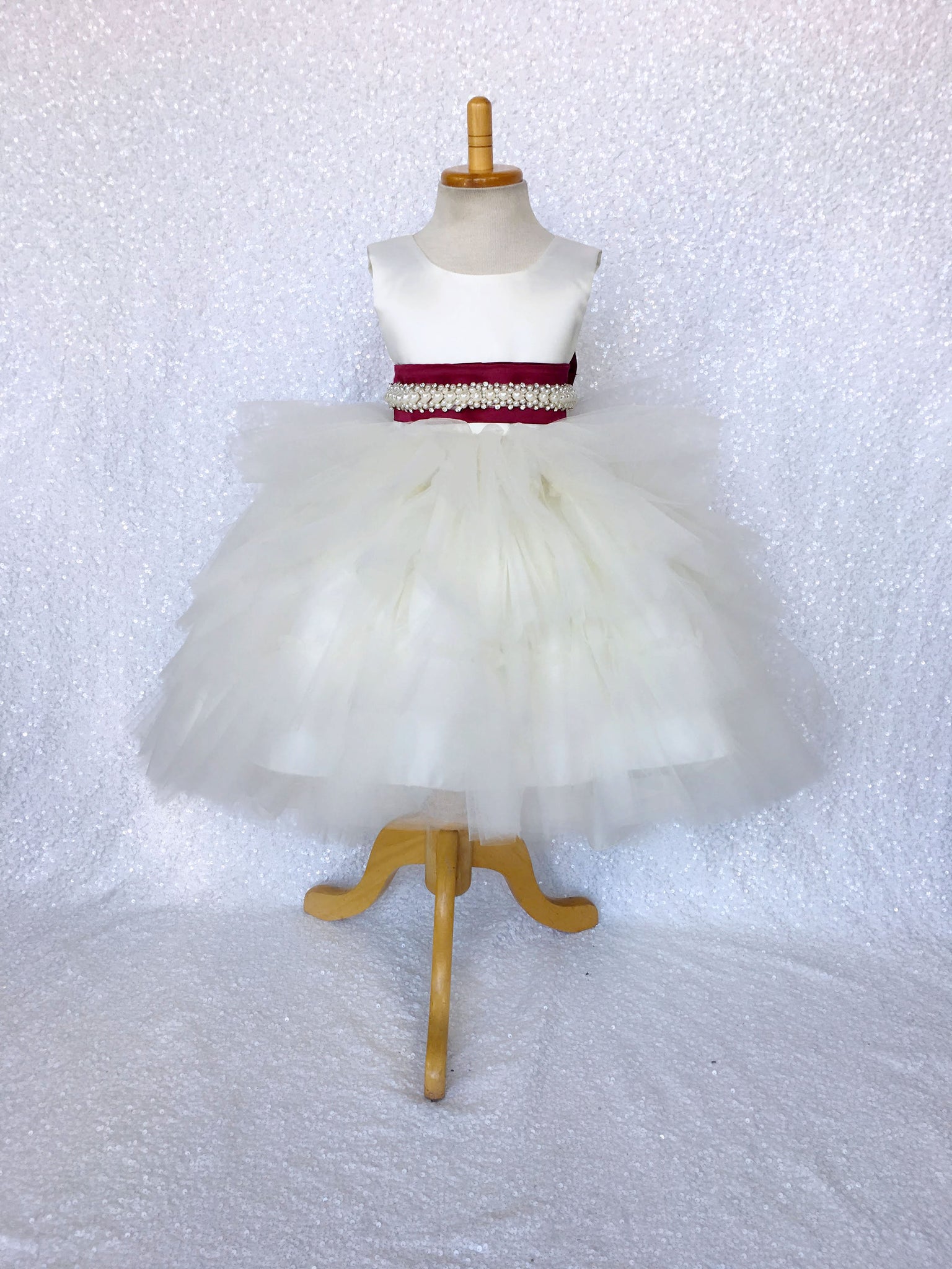 V-Back Ivory Satin Ruffle High Low Dress Burgundy Sash Bow