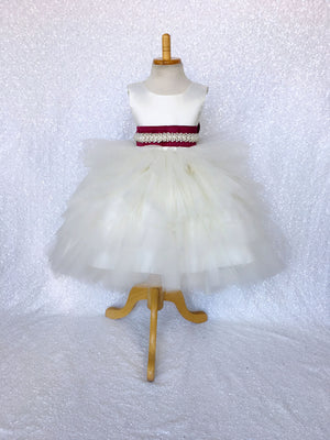 V-Back Ivory Satin Ruffle High Low Dress Burgundy Sash Bow