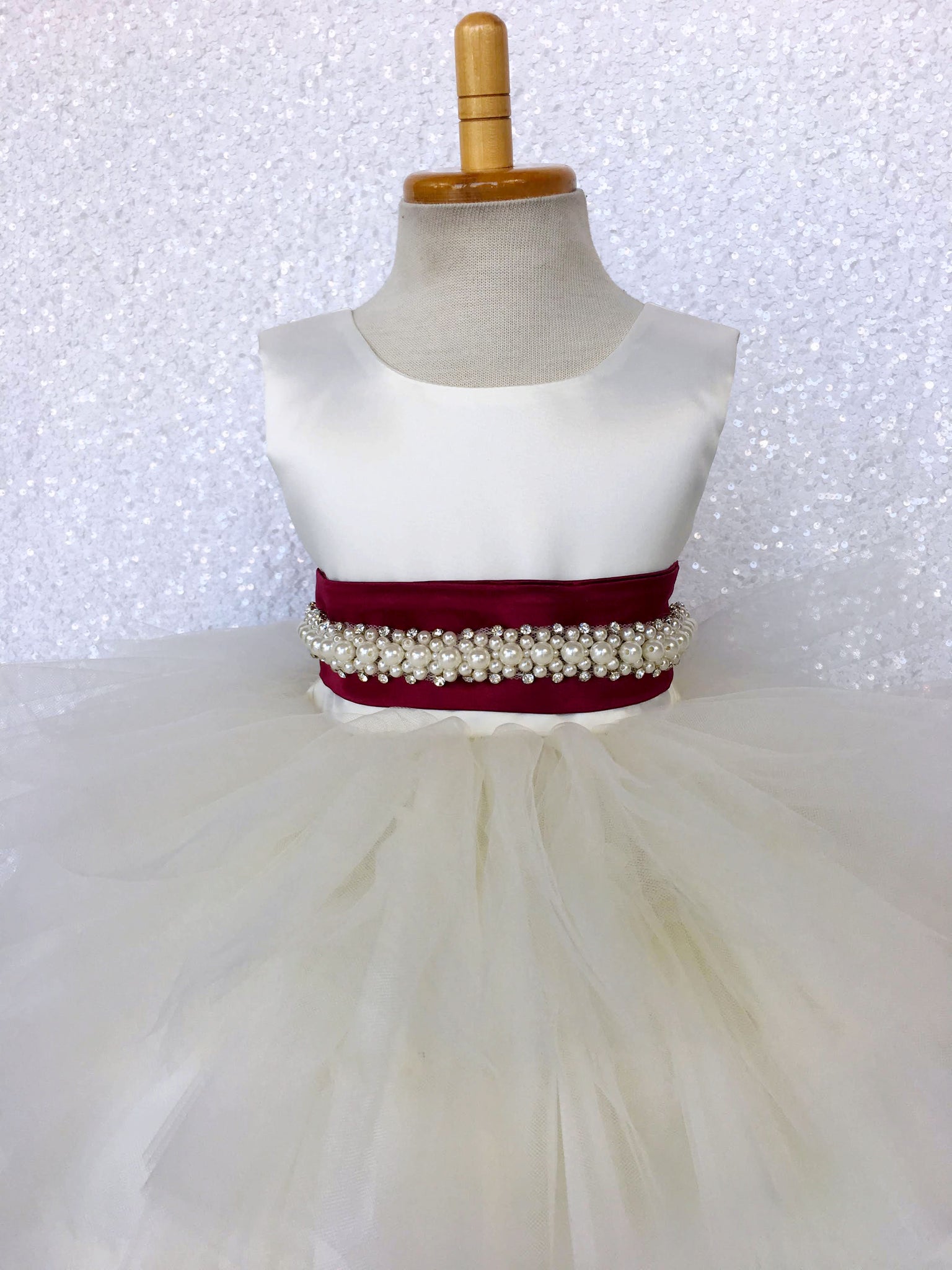 V-Back Ivory Satin Ruffle High Low Dress Burgundy Sash Bow