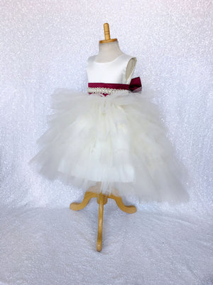 V-Back Ivory Satin Ruffle High Low Dress Burgundy Sash Bow