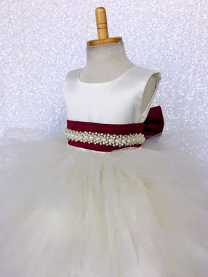 V-Back Ivory Satin Ruffle High Low Dress Gold Sash Bow