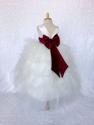 V-Back Ivory Satin Ruffle High Low Dress Burgundy Sash Bow