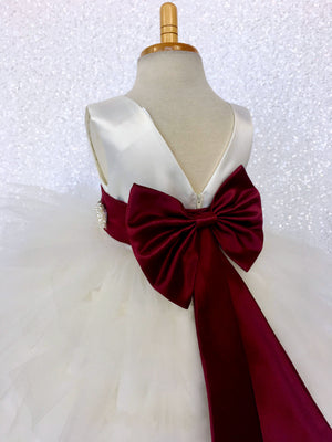 V-Back Ivory Satin Ruffle High Low Dress Burgundy Sash Bow