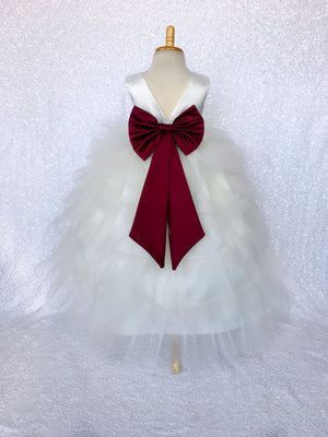 V-Back Ivory Satin Ruffle High Low Dress Burgundy Sash Bow