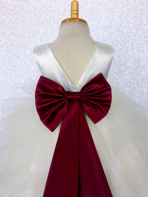 V-Back Ivory Satin Ruffle High Low Dress Burgundy Sash Bow