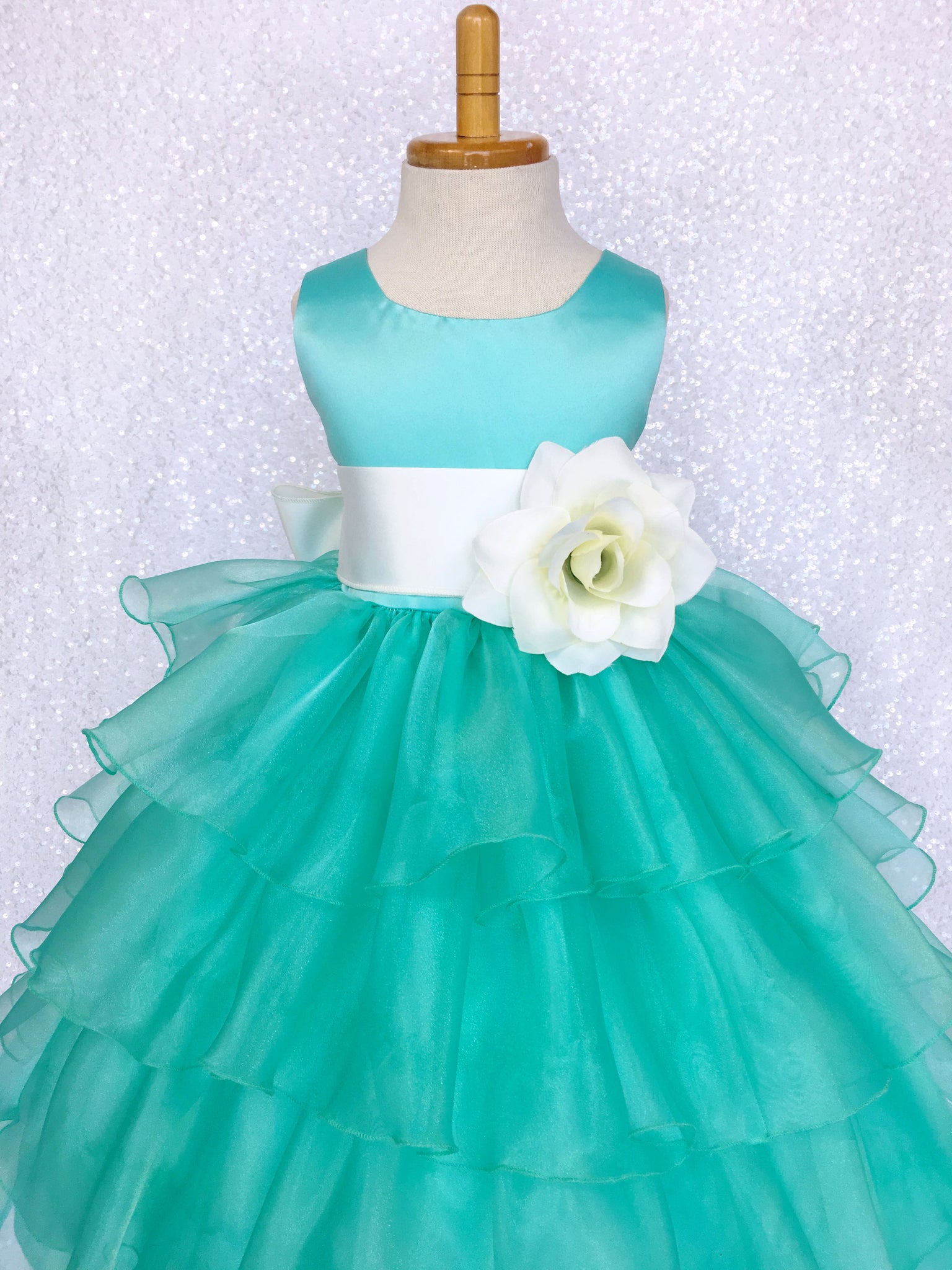 Satin Aqua Organza Ruffle Sleeveless Dress Sash Flower