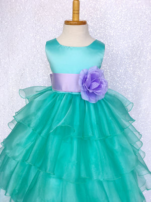 Satin Aqua Organza Ruffle Sleeveless Dress Sash Flower