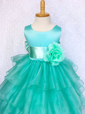 Satin Aqua Organza Ruffle Sleeveless Dress Sash Flower