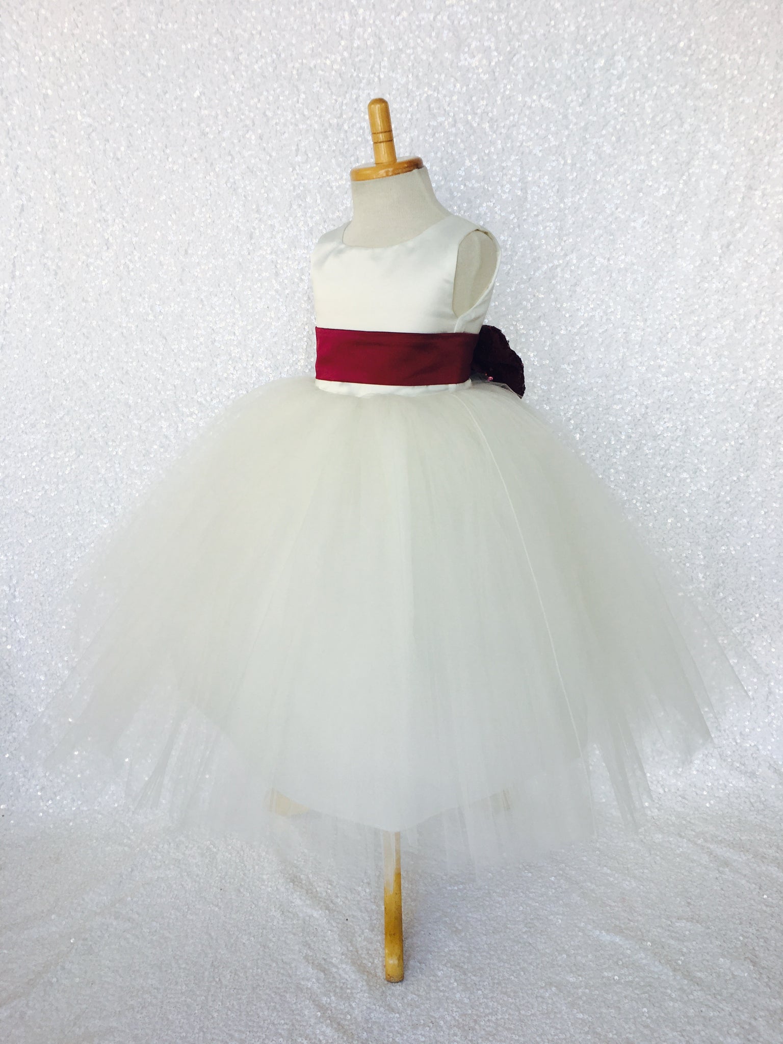 Sleeveless Ivory 4 Layer Tulle Princess Dress Burgundy Sequin Bow Ribbon