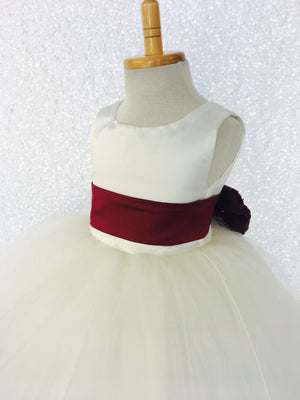 Sleeveless Ivory 4 Layer Tulle Princess Dress Burgundy Sequin Bow Ribbon