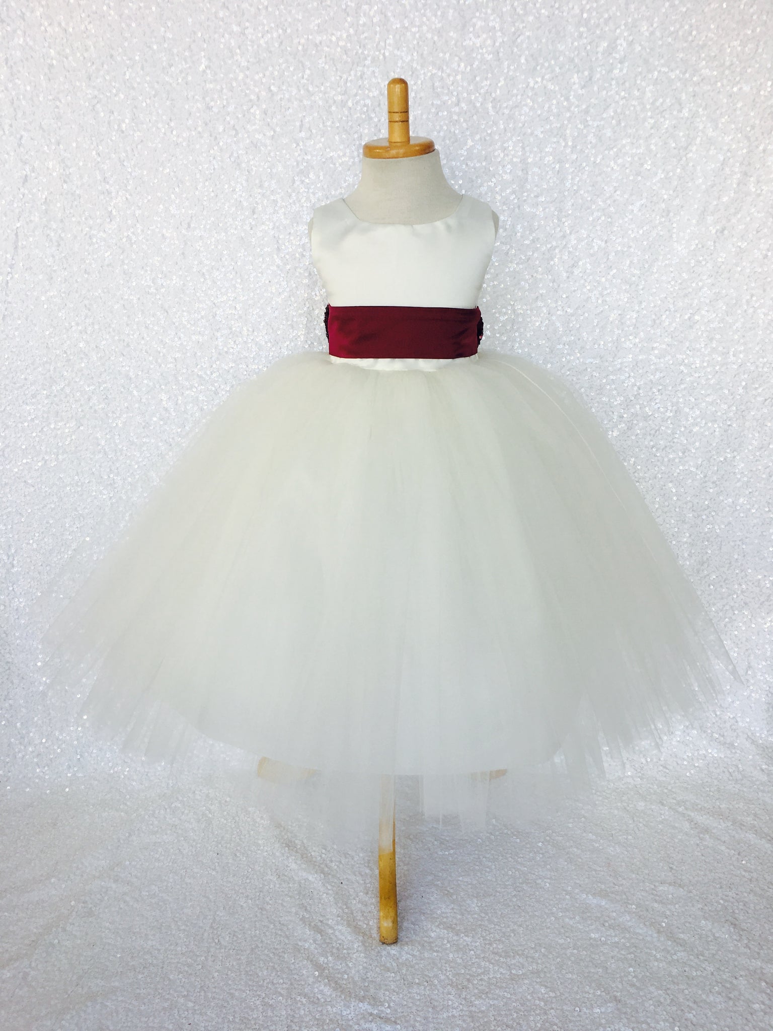 Sleeveless Ivory 4 Layer Tulle Princess Dress Burgundy Sequin Bow Ribbon