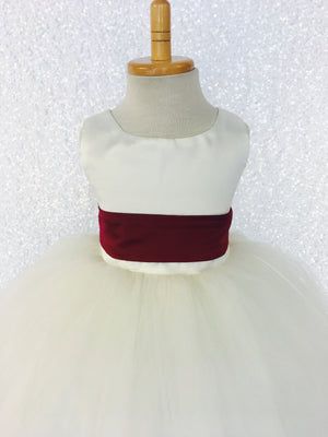 Sleeveless Ivory 4 Layer Tulle Princess Dress Burgundy Sequin Bow Ribbon