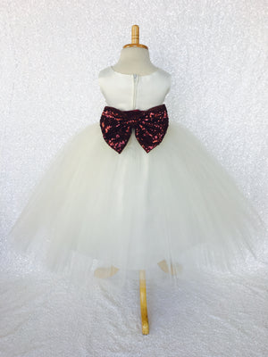 Sleeveless Ivory 4 Layer Tulle Princess Dress Burgundy Sequin Bow Ribbon