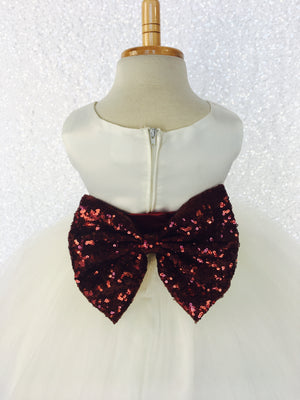 Sleeveless Ivory 4 Layer Tulle Princess Dress Burgundy Sequin Bow Ribbon