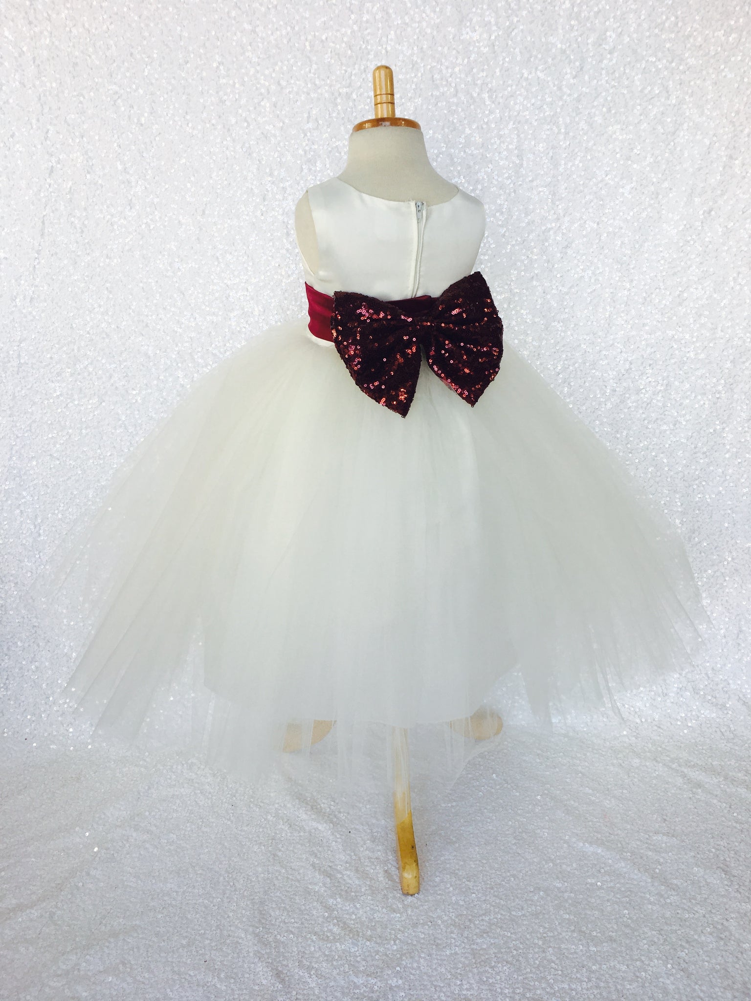 Sleeveless Ivory 4 Layer Tulle Princess Dress Burgundy Sequin Bow Ribbon