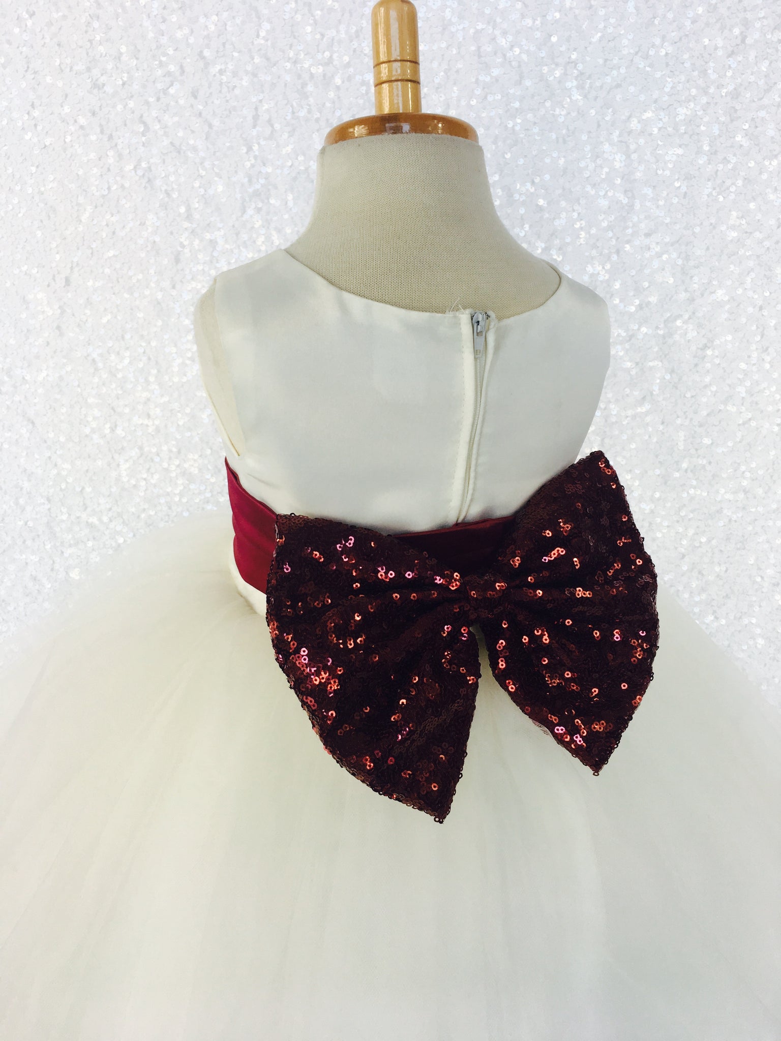 Sleeveless Ivory 4 Layer Tulle Princess Dress Burgundy Sequin Bow Ribbon