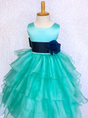 Aqua Satin Organza Ruffle Sleeveless Dress White Sash Flower