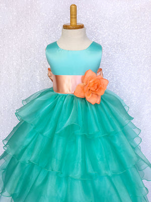 Aqua Satin Organza Ruffle Sleeveless Dress White Sash Flower