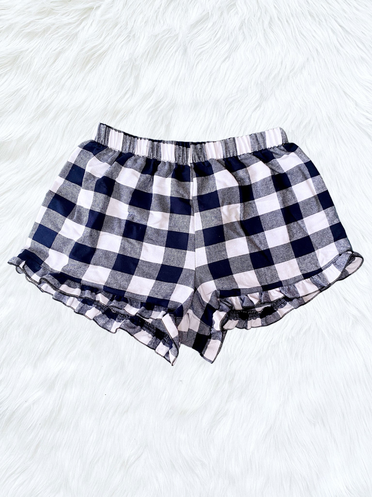 Women Adult Navy PJ Pajama Plaid Ruffle Shorts