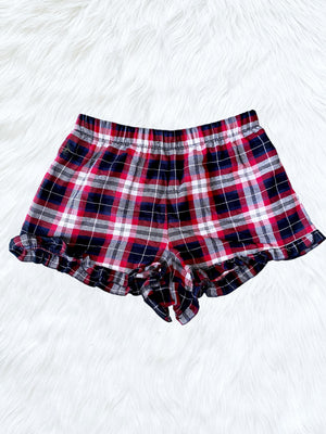 Adult PJ Red Green White Women Pajama Plaid Ruffle Shorts