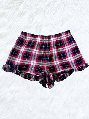 Women Adult PJ Black Navy Red White Pajama Plaid Ruffle Shorts