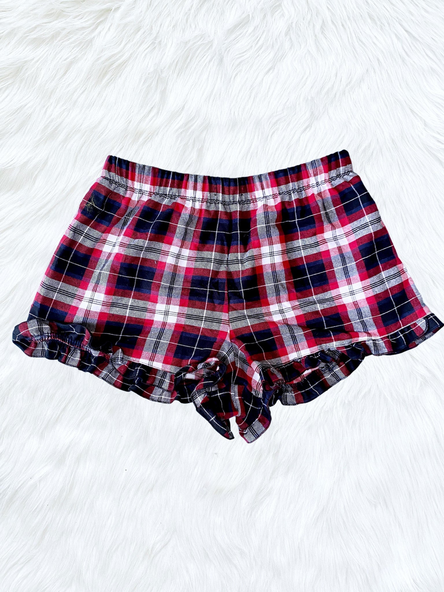 Red Black White PJ Youth Pajama Plaid Ruffle Shorts